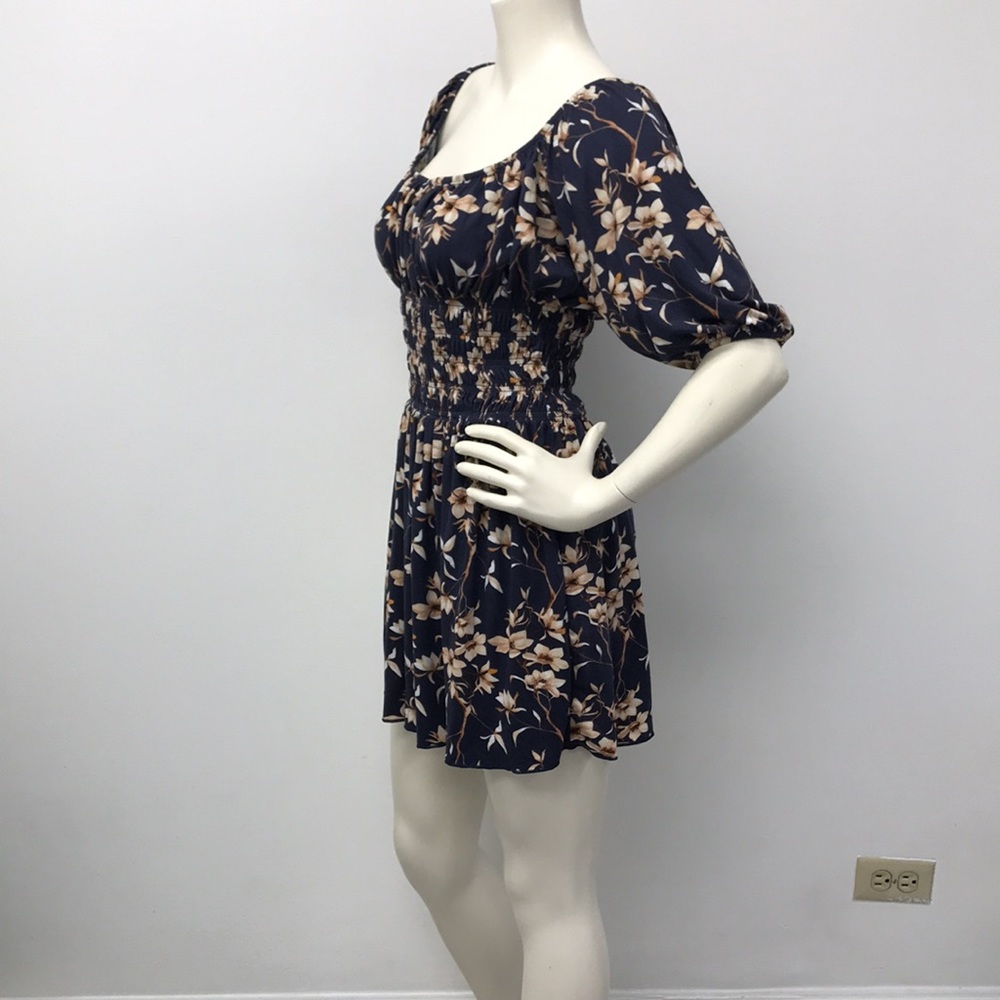 Large Navy Blue Floral Dress with Smocked Waist